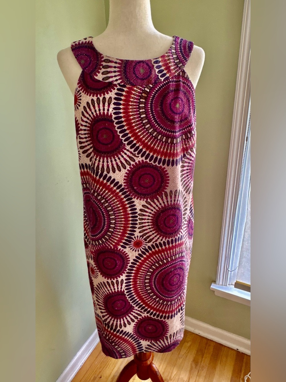 Muse halter neck embroidered shift dress size 12. Purples/pinks on beige. Nice!